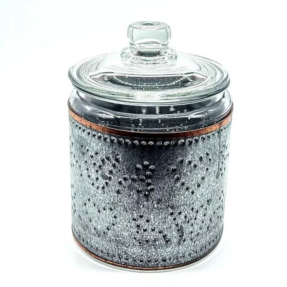 Punched Two Tone Metal Glass Covered Cookie Jar